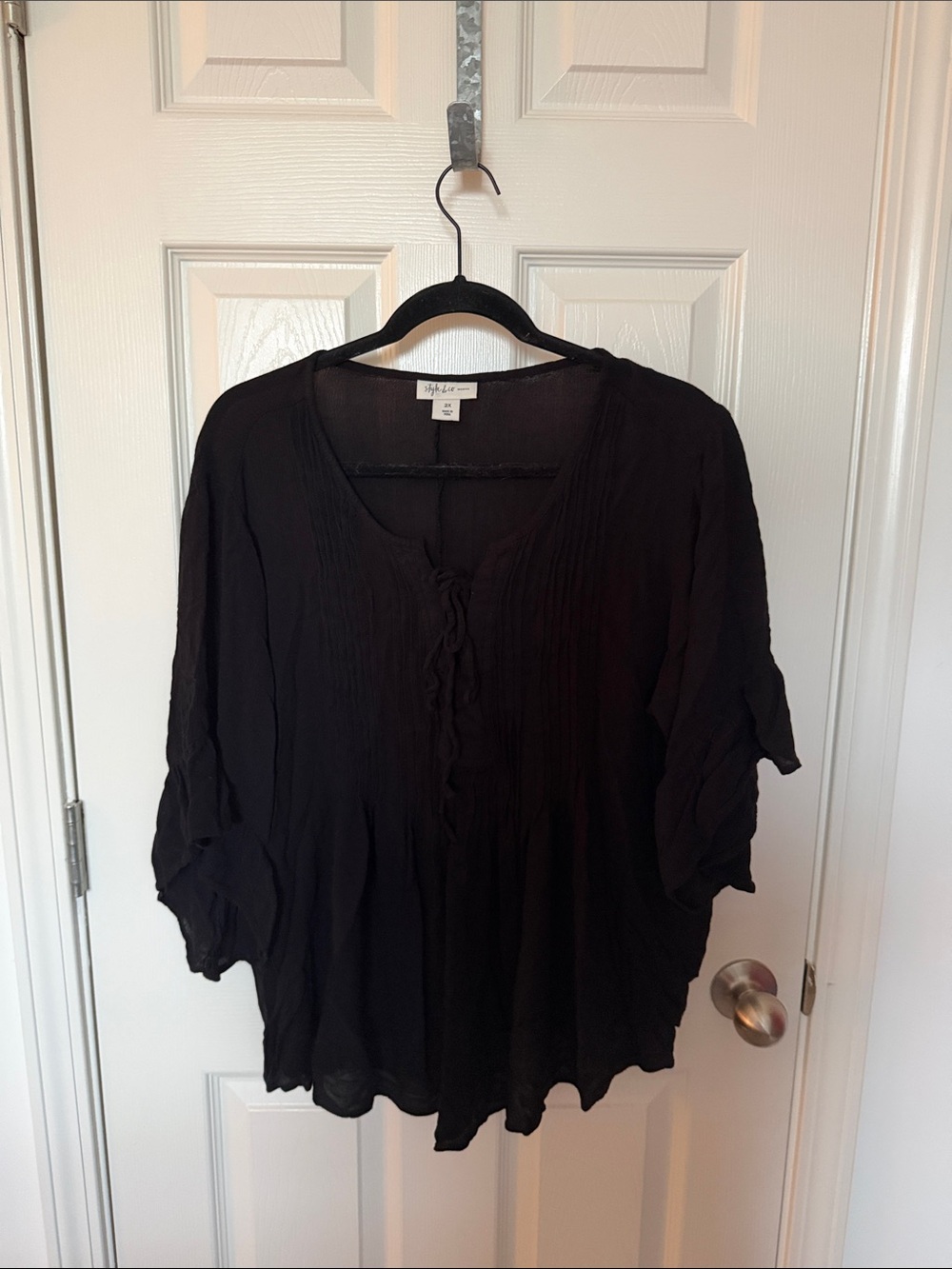 Style & Co. Black Pintuck Tie-Neck Peasant Blouse